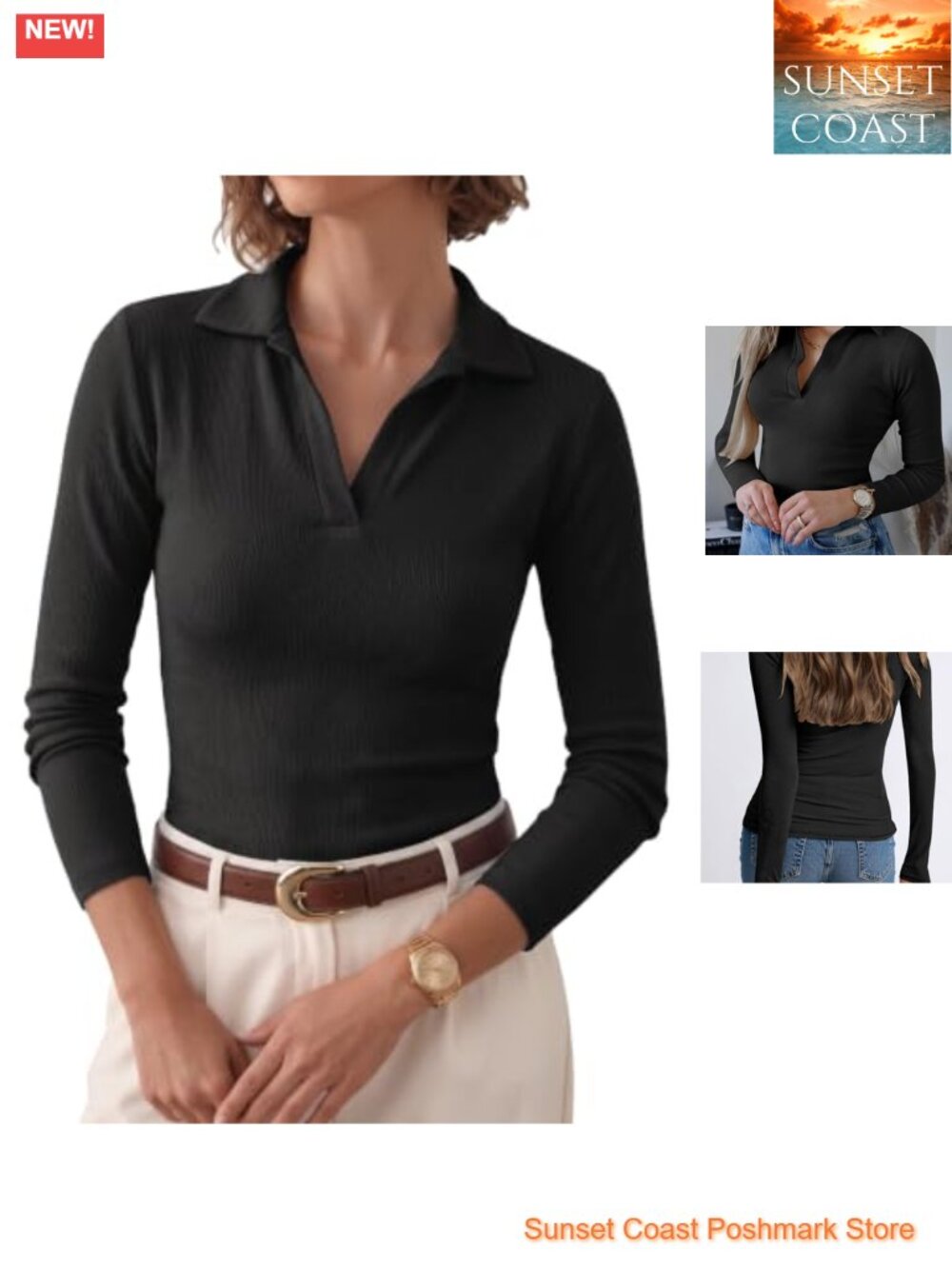 Womens Long Sleeve Polo Shirt V Neck Collared Slim Fit Ribbed Knit Top